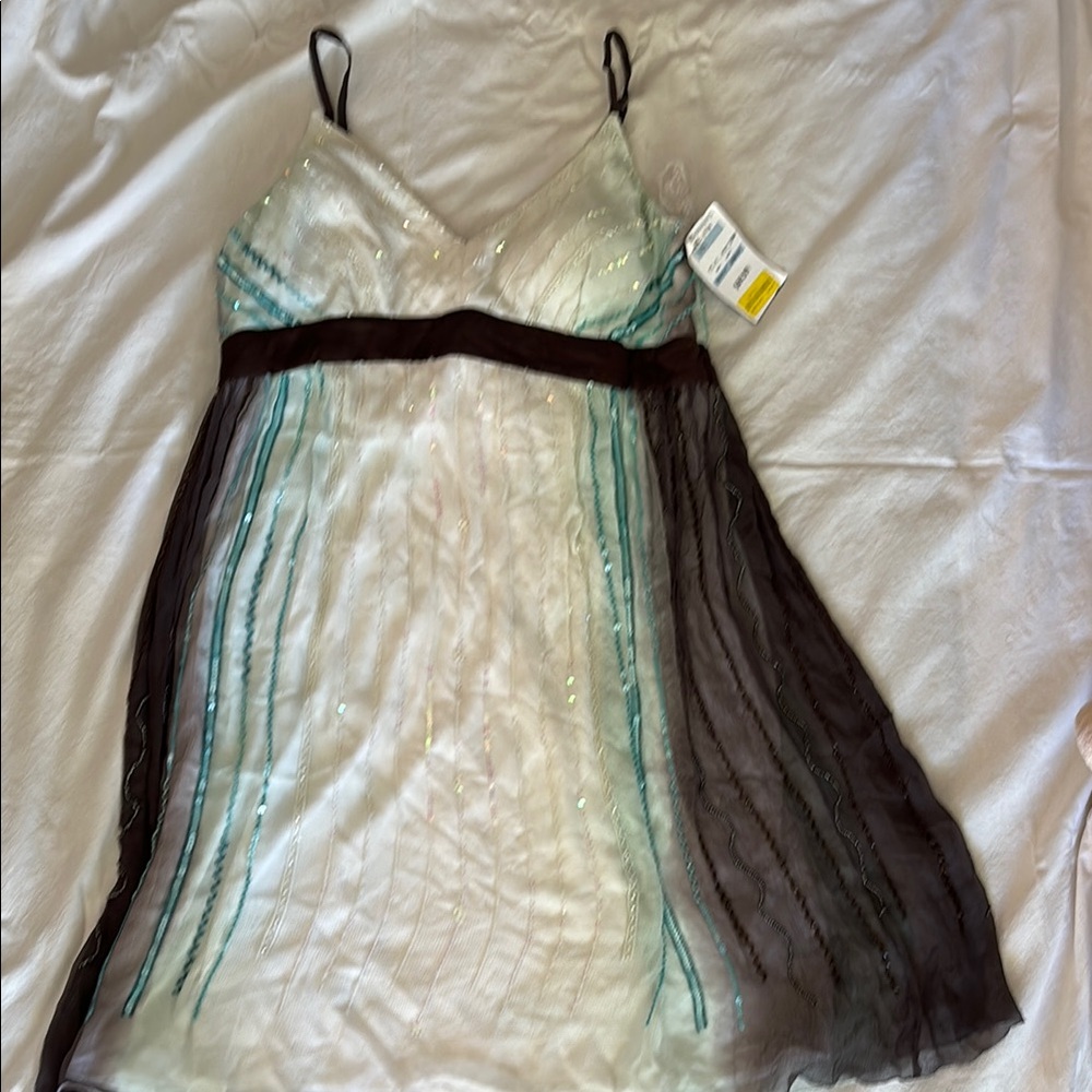 Patra Elegant White Green Brown Mini silk Dress with Blue Accents sz 16